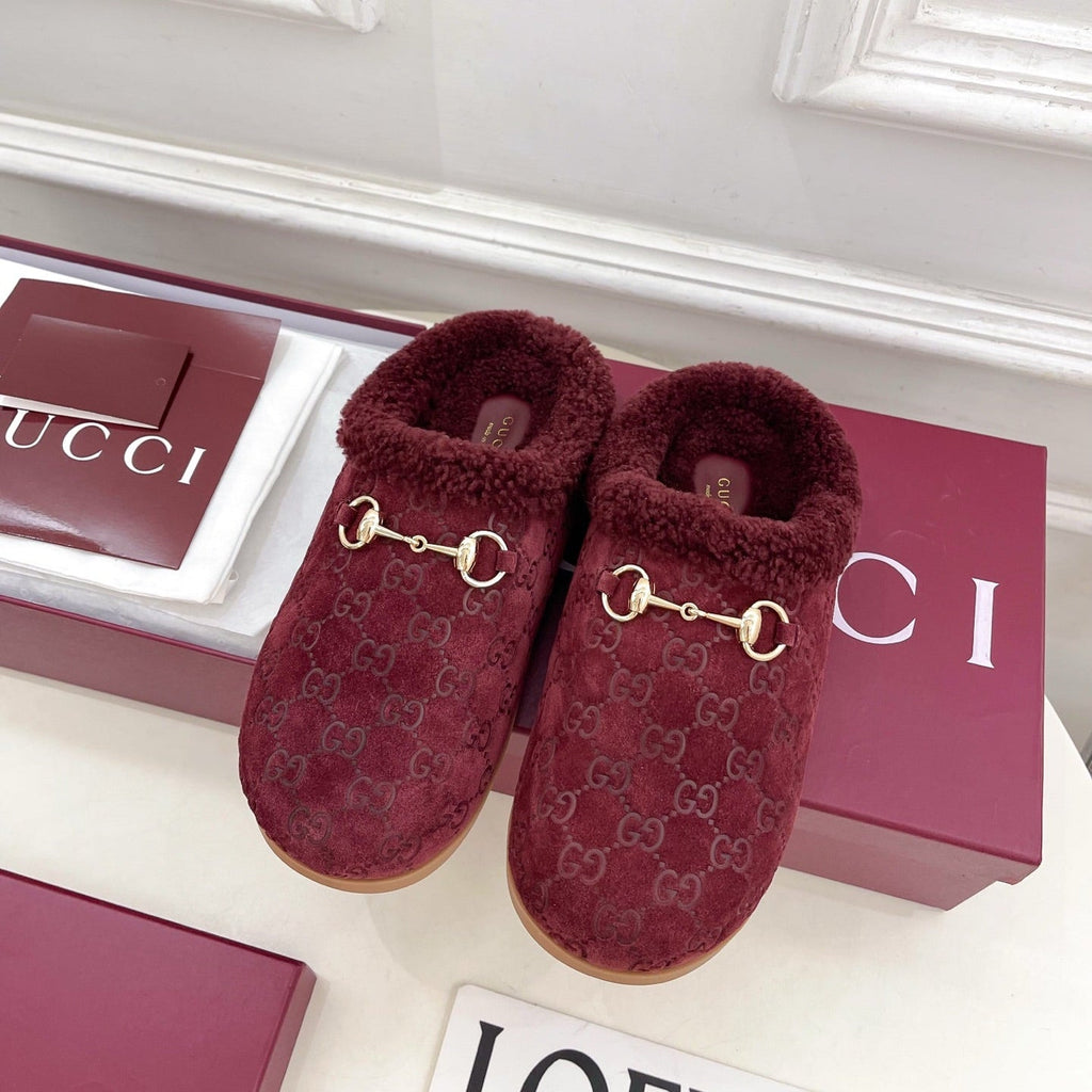 GG Horsebit Embossed Mule Red Suede And Wool 536051