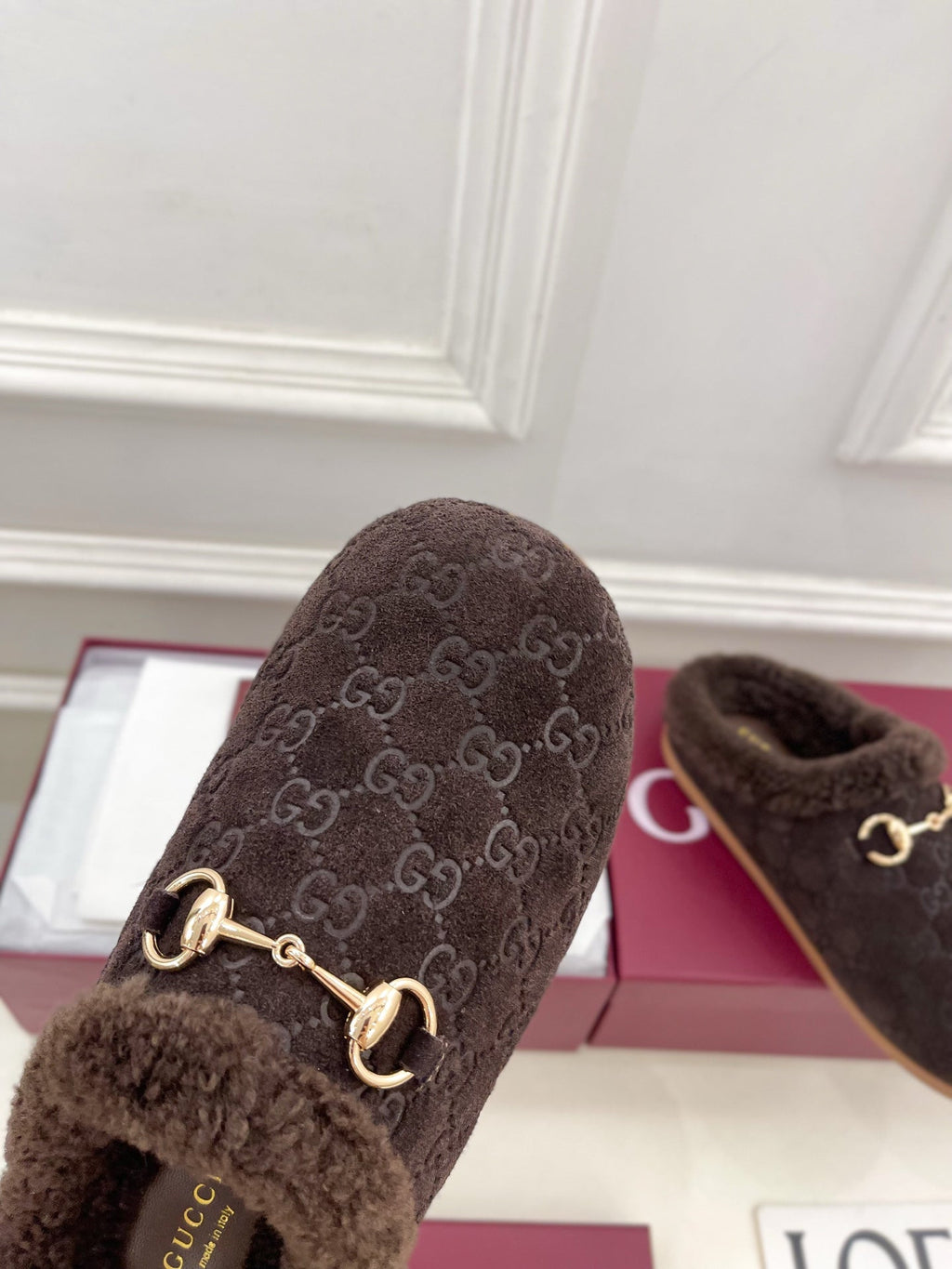 GG Horsebit Embossed Mule Dark Brown Suede And Wool 536052