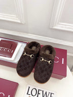 GG Horsebit Embossed Mule Dark Brown Suede And Wool 536052
