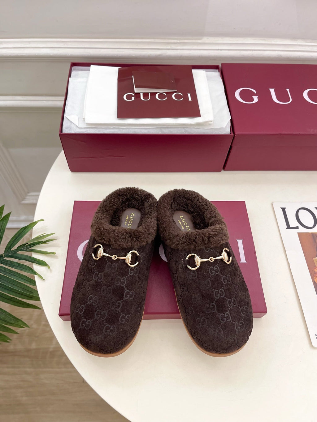 GG Horsebit Embossed Mule Dark Brown Suede And Wool 536052