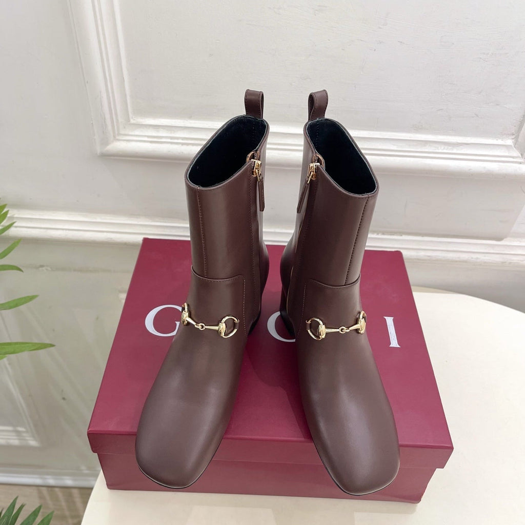 GG horsebit chunky heel ankle boots dark brown calfskin 536058