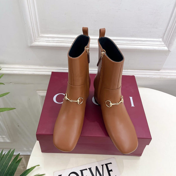 GG horsebit chunky heel ankle boots caramel brown calfskin 536059