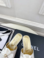 CC 26s Bow Slippers White Satin Sheepskin 586897