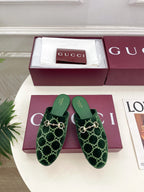 GG 26 Horsebit Flat Mules Rhinestones Dark Green Velvet 587082