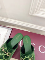 GG 26 Horsebit Flat Mules Rhinestones Dark Green Velvet 587082