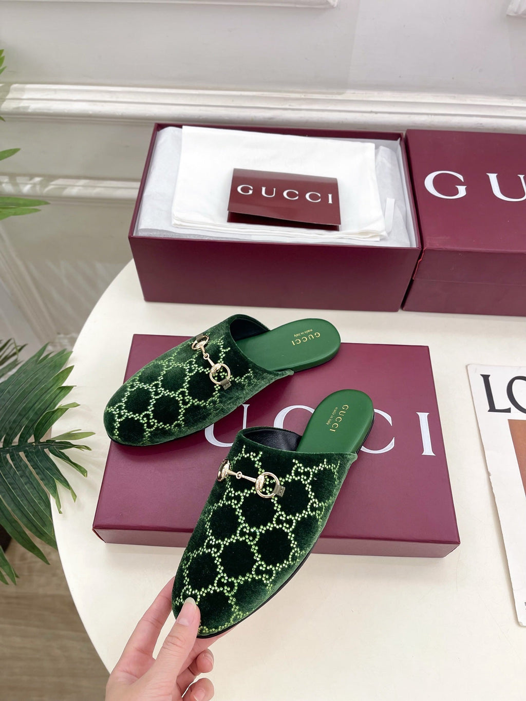 GG 26 Horsebit Flat Mules Rhinestones Dark Green Velvet 587082