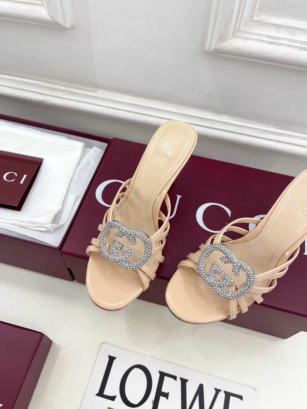 GG 26 High-Heeled Mules 85 Beige Patent Leather 587086