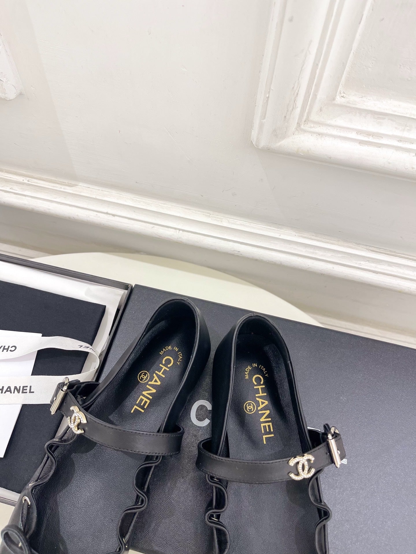 CC 26 SS Ruffled Bow Mary Jane Flats Black Calfskin 586928