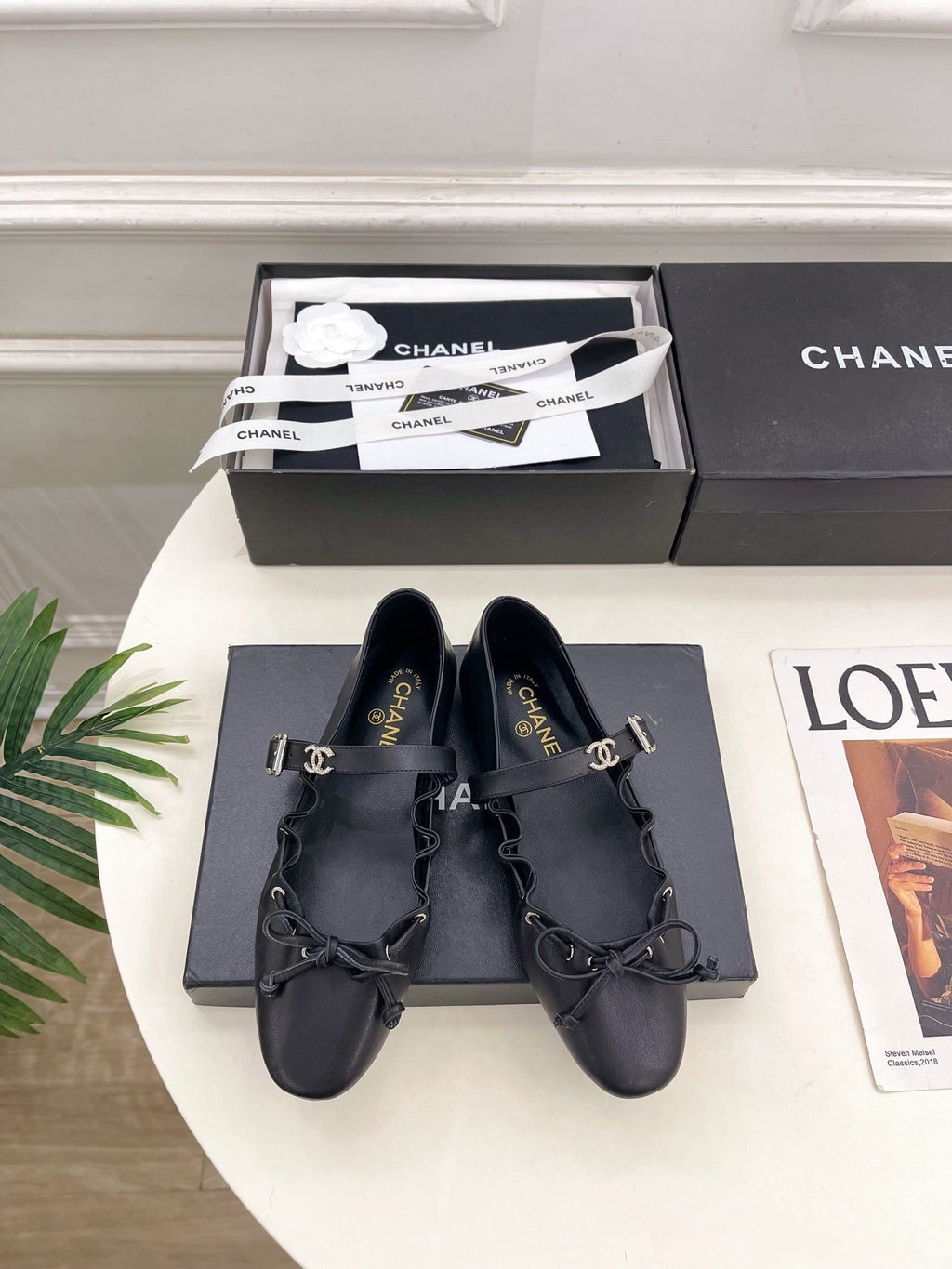 CC 26 SS Ruffled Bow Mary Jane Flats Black Calfskin 586928