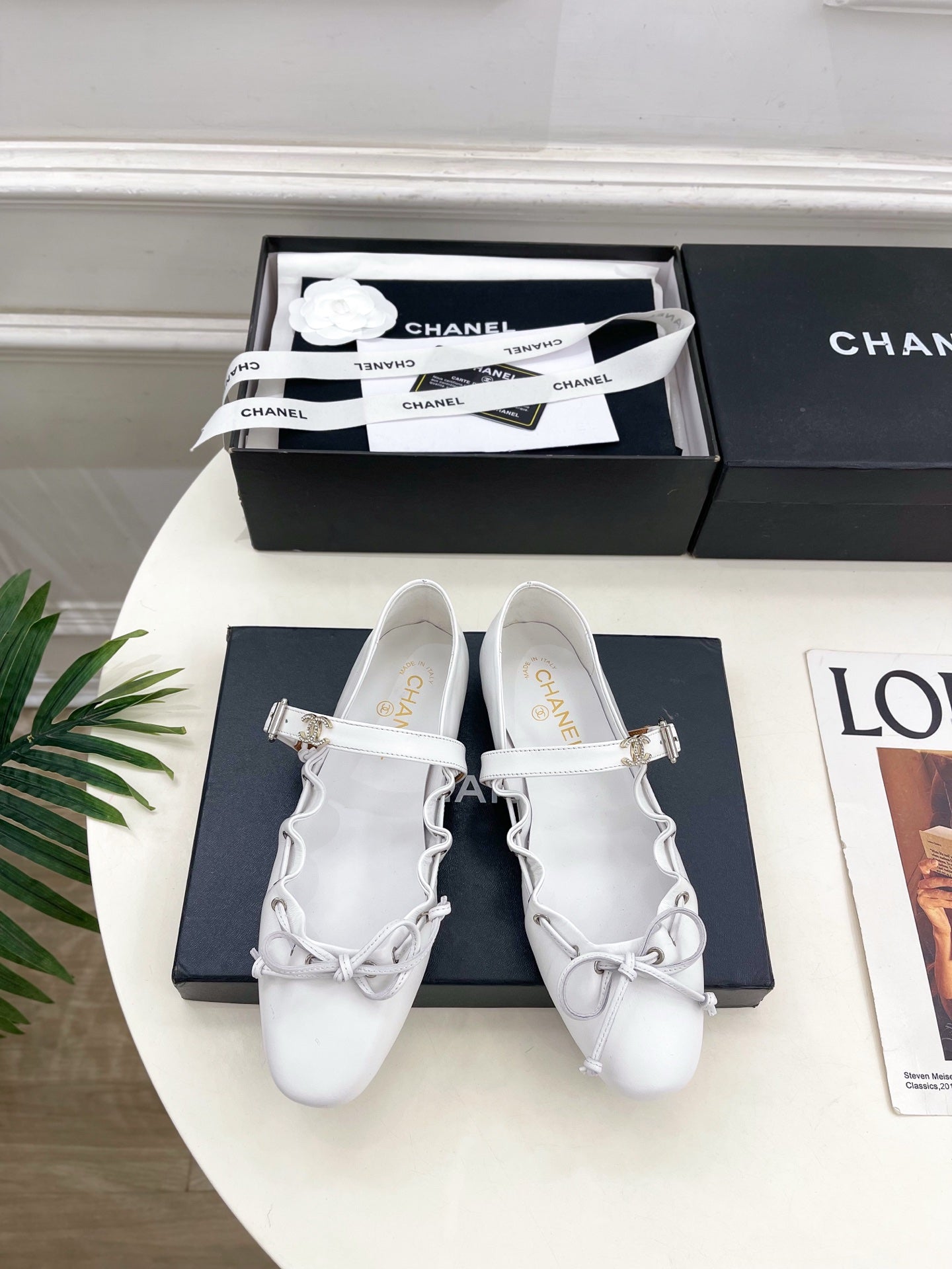 CC 26 SS Ruffled Bow Mary Jane Flats White Calfskin 586929