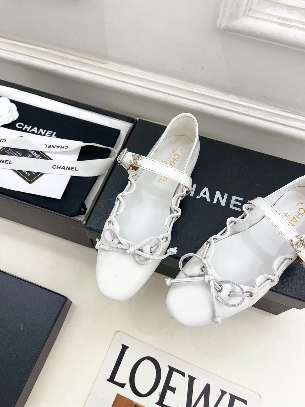 CC 26 SS Ruffled Bow Mary Jane Flats White Calfskin 586929