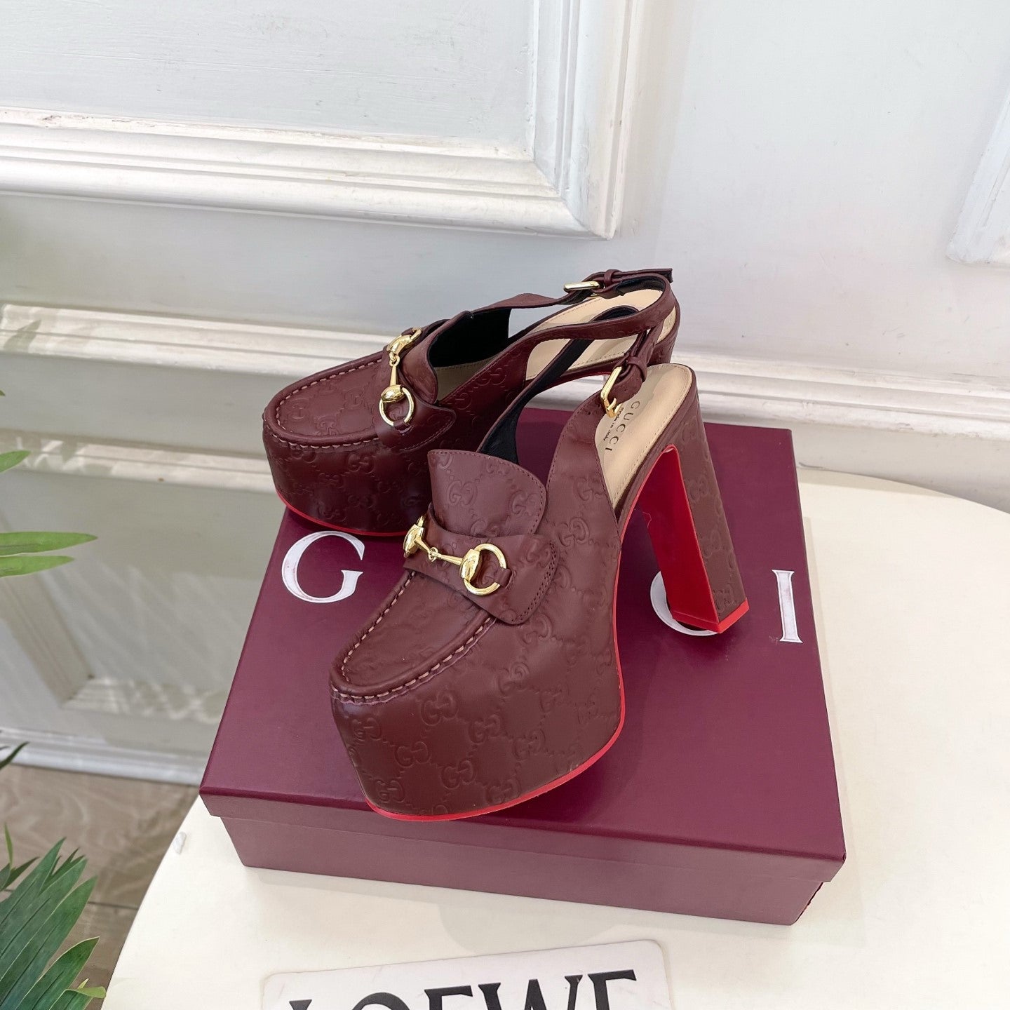 GG Horsebit Platform Loafer Slingback Burgundy Embossed Leather 640260