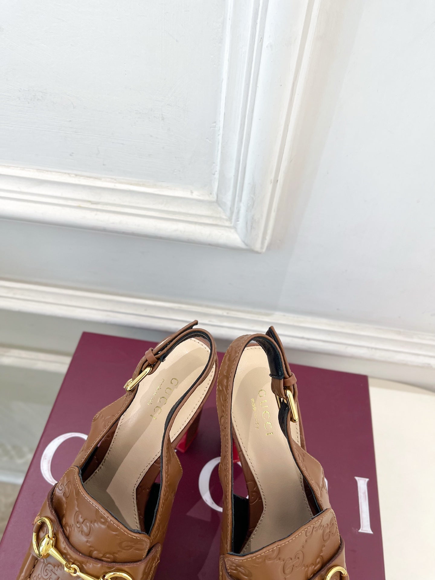GG Horsebit Platform Loafer Slingback Brown Embossed Leather 640261