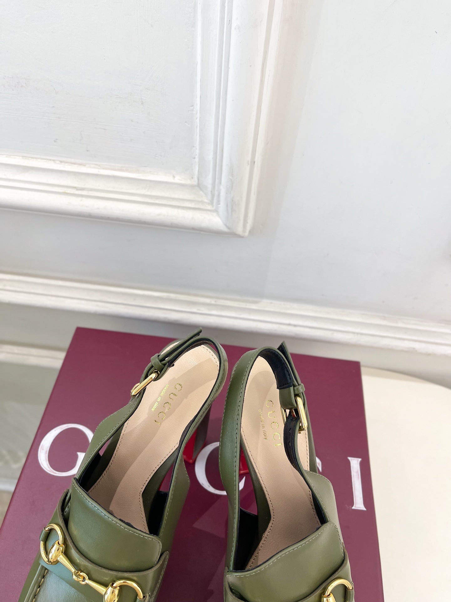 GG Horsebit Platform Loafer Slingback Olive Leather 640265