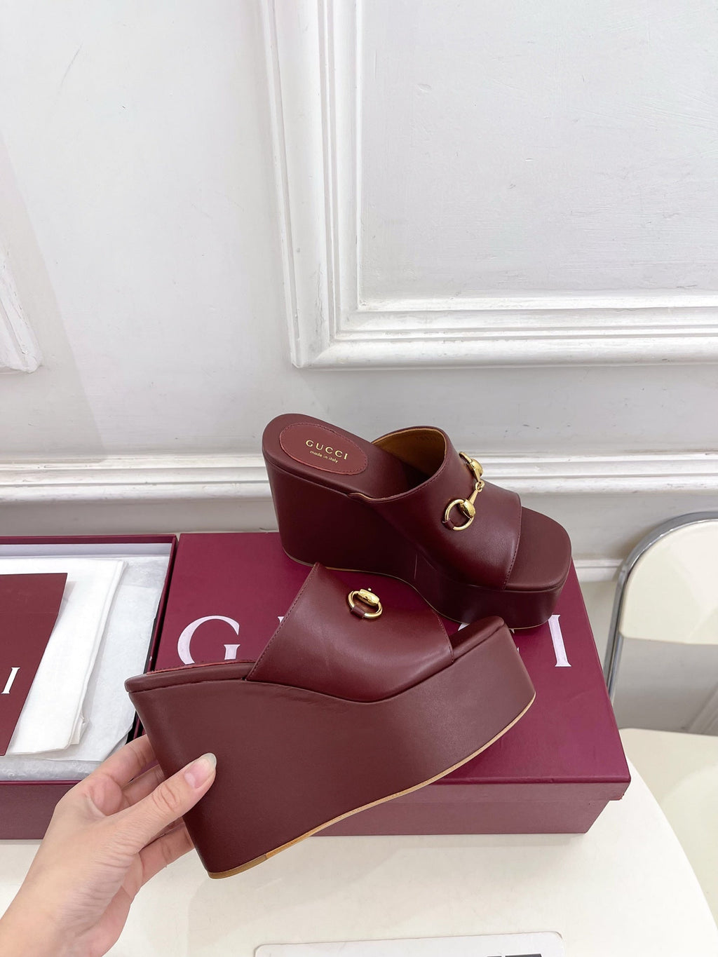 GC Wedge With Horsebit Sandal Burgundy Leather 640270