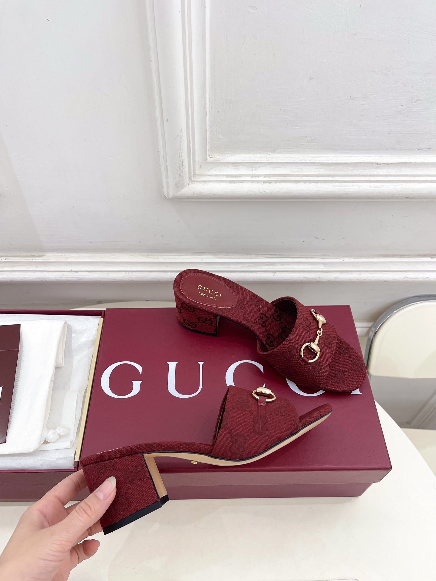 GG 26s Slide Sandal 5.5cm With Horsebit Burgundy Canvas 640298