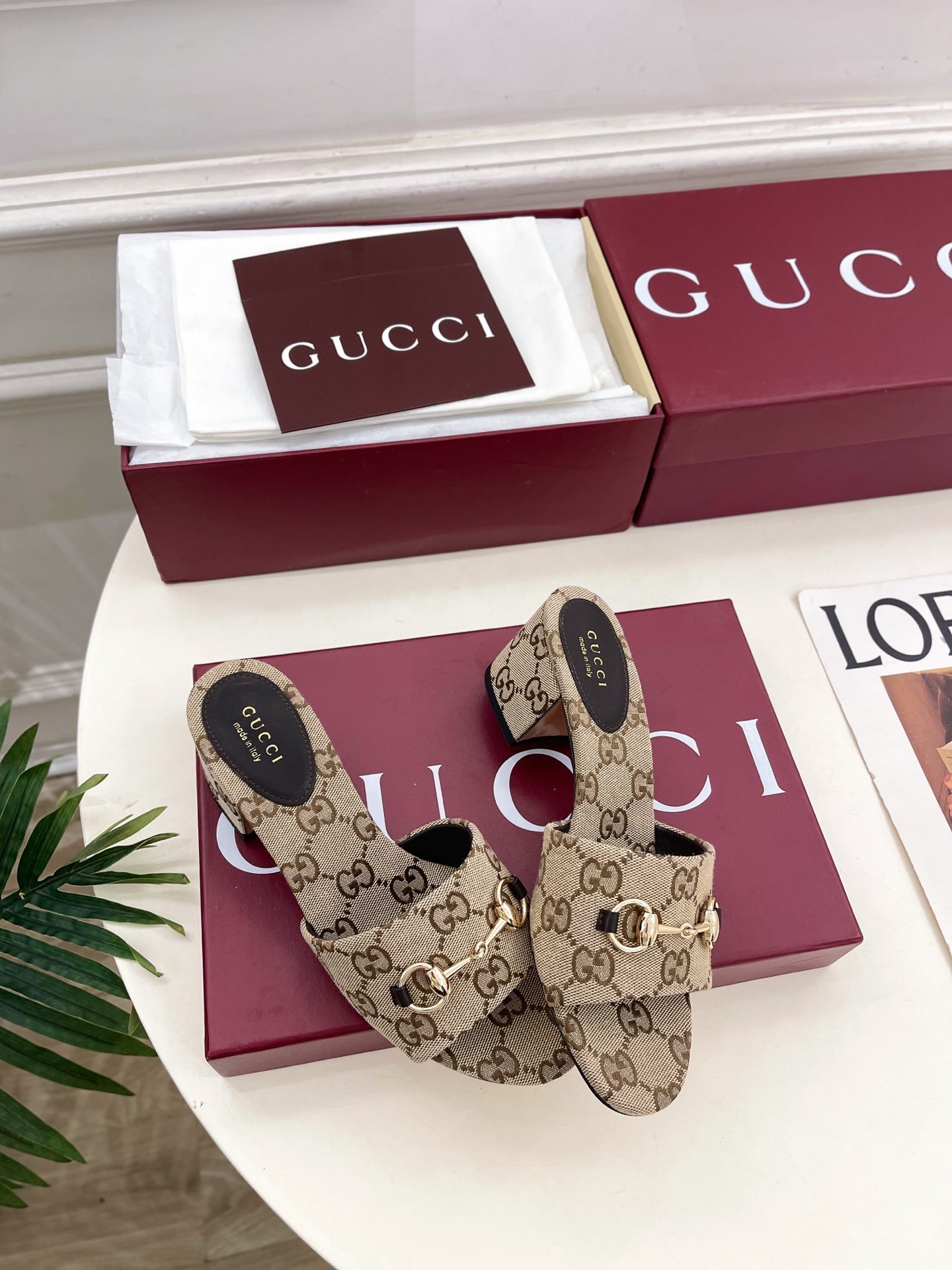 GG 26s Slide Sandal 5.5cm With Horsebit Brown Beige Canvas 640299