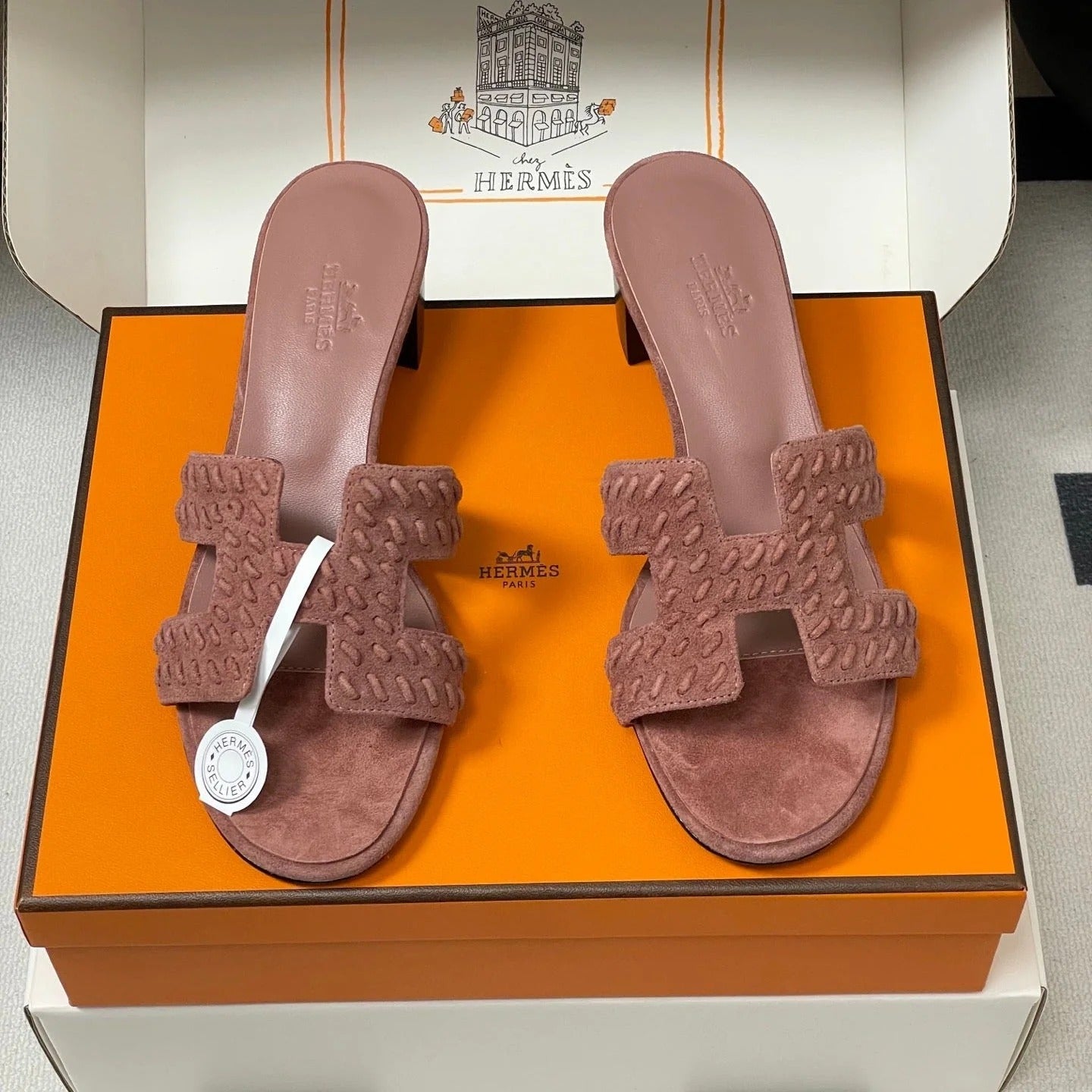 HM 25S ORAN HIGH?HEEL SANDAL IN PEACHY PINK SUEDE AND LAMBSKIN