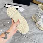 CHANEL 25S MID-CALF BOOTS 45MM IN BEIGE CALFSKIN AND WHITE TWEED GOLD HARDWRE