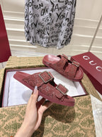 SANDALS IN NAVY RED SUEDE EMBOSSED LOGO SILVER HARDWARE