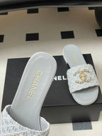 CC 26s Flat Slippers Gray Fabric Sheepskin 649489