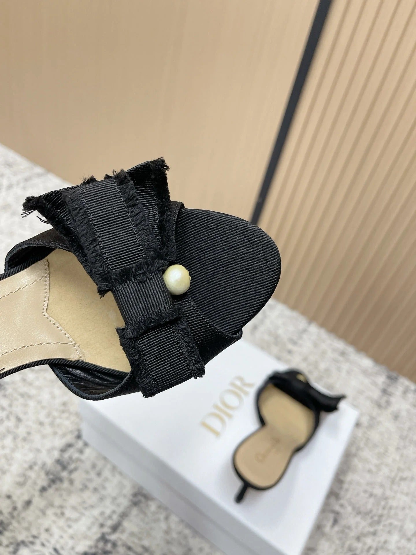 CD 26s High Heel Slippers 75 Black Beige Canvas Leather 643490