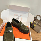 HM 26ss Loafers Olive Green Suede Sliver Buckle 638432
