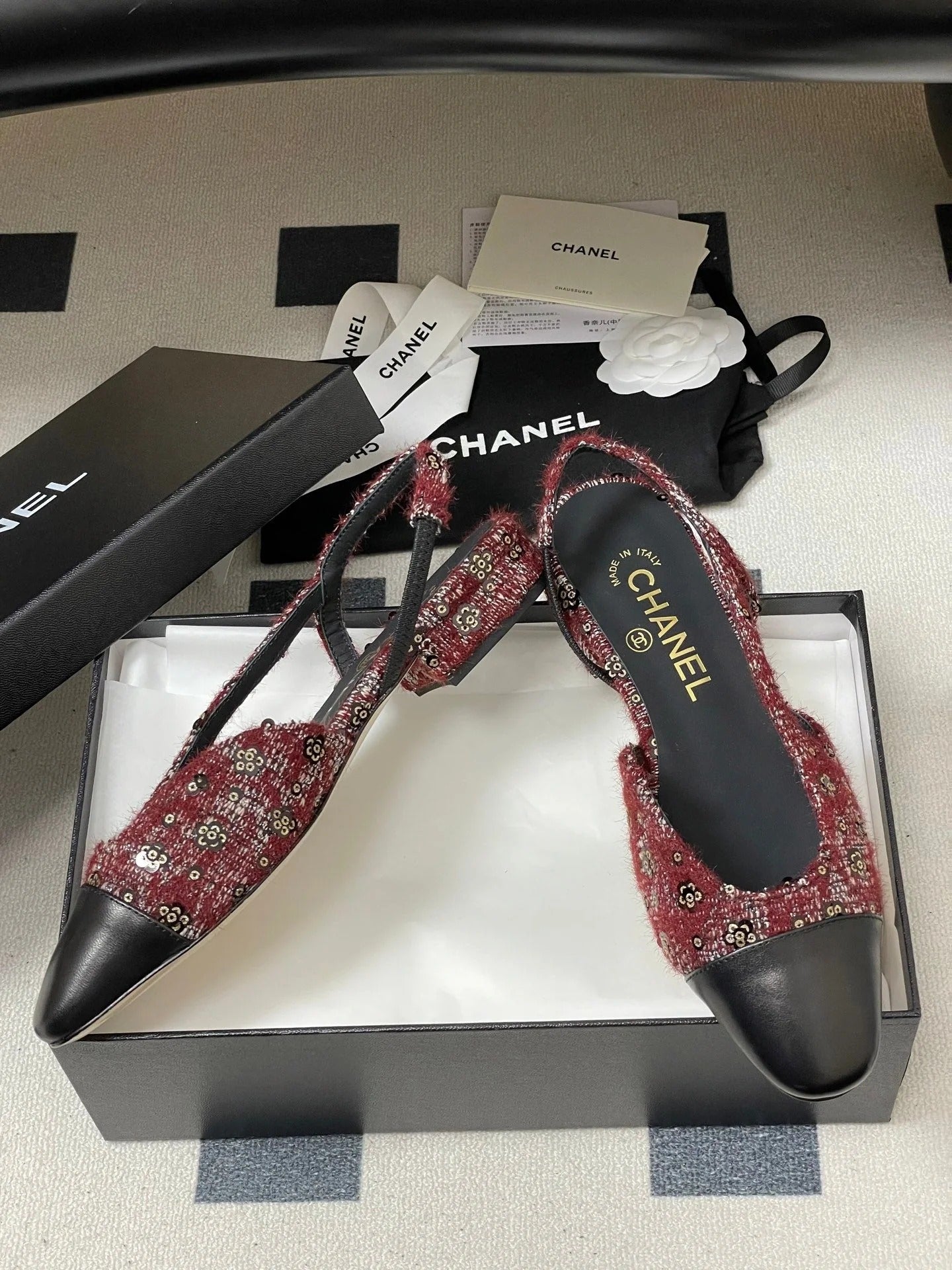 CC 26s Slingback Dark Red Black Tweed Sheepskin 649424