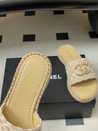 CC 26s Flat Slippers Beige Gold Fabric Sheepskin 649484