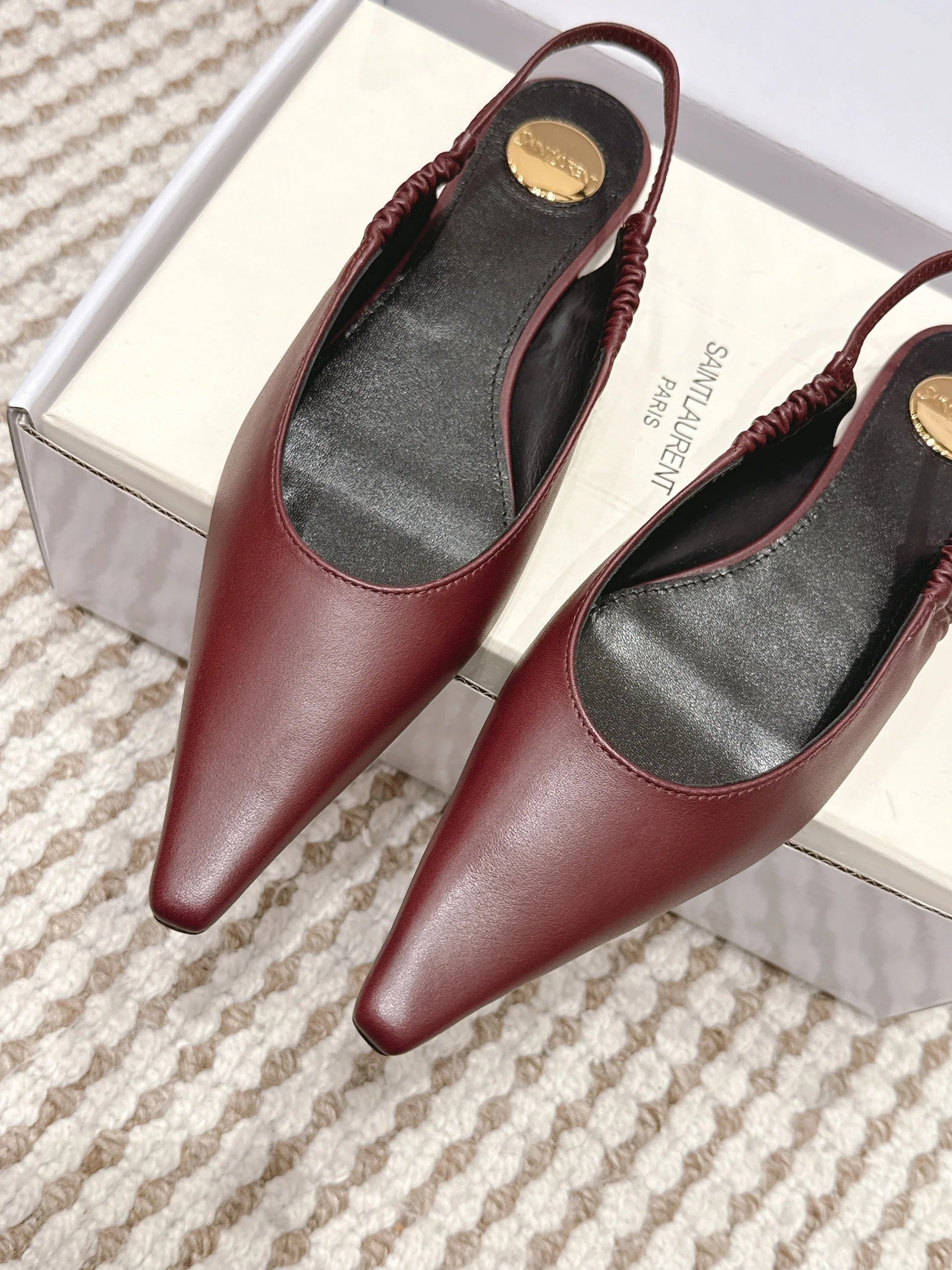 YSL 26ss Flat Slingback Burgundy Sheepskin 654714