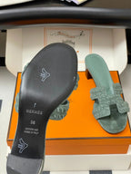 HM 25S ORAN HIGH?HEEL SANDAL IN MUTED MINT GREEN SUEDE AND LAMBSKIN