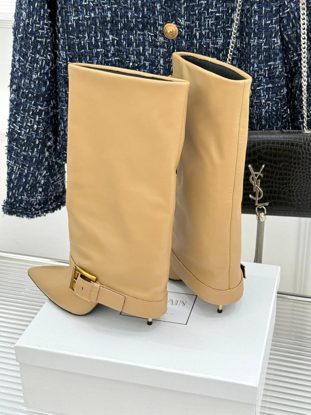 BALMAIN 25S ANTHEM BOOTS IN LIGHT CARAMEL CALFSKIN