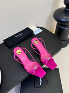 YSL 26ss Square Toe Sandals 70 Bright Pink Silk Sheepskin 651707