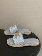 CC 26s Flat Slippers Gray Gold Fabric Sheepskin 649483