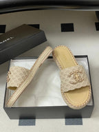 CC 26s Flat Slippers Beige Gold Fabric Sheepskin 649484