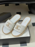 CC 26s Flat Slippers White Gold Fabric Sheepskin 649486