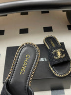 CC 26s Flat Slippers Black Gold Fabric Sheepskin 649487