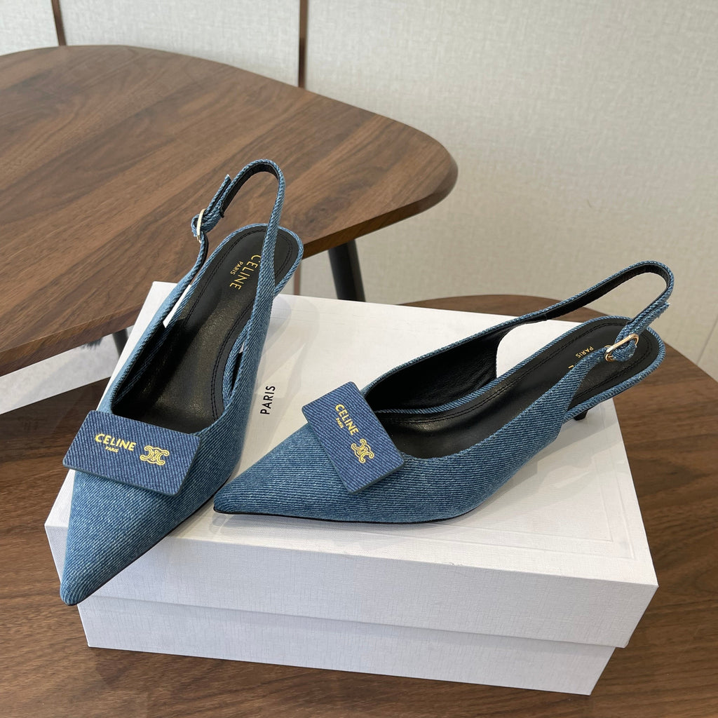 Celine 26 Pointed-Toe Slingback Blue Denim 624685