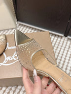 CL 26SS High-Heeled Slippers 100 Gold Champagne Mesh Rhinestone Leather 658053