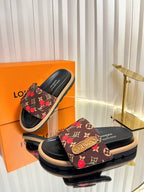 LV 26s Slippers Black Brown Red Fabric Sheepskin 616349