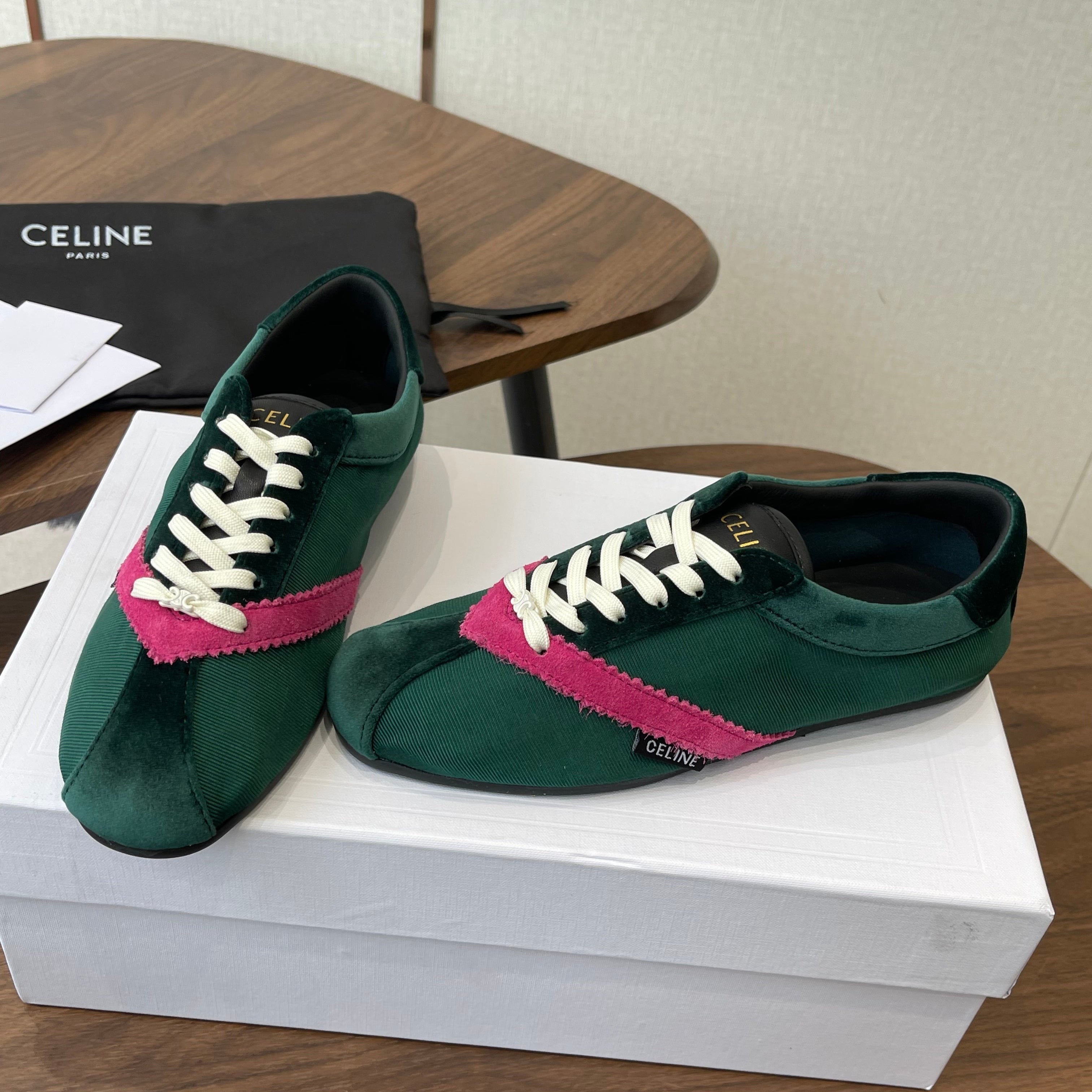 Celine 26 Flat Sneaker Dark Green Pink Canvas Suede 624715
