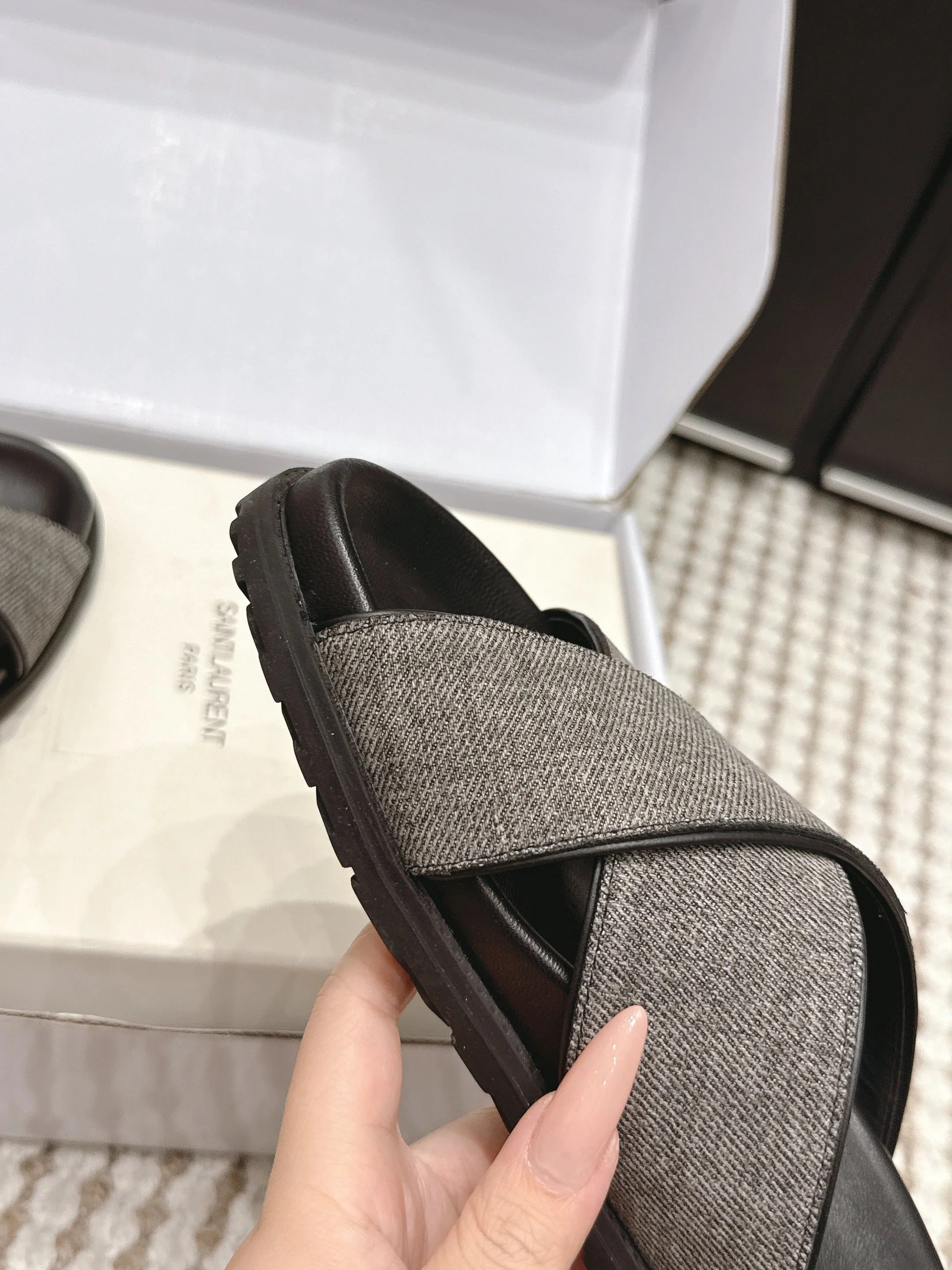 YSL 26ss Platform Slippers Black Gray Denim Leather 663216