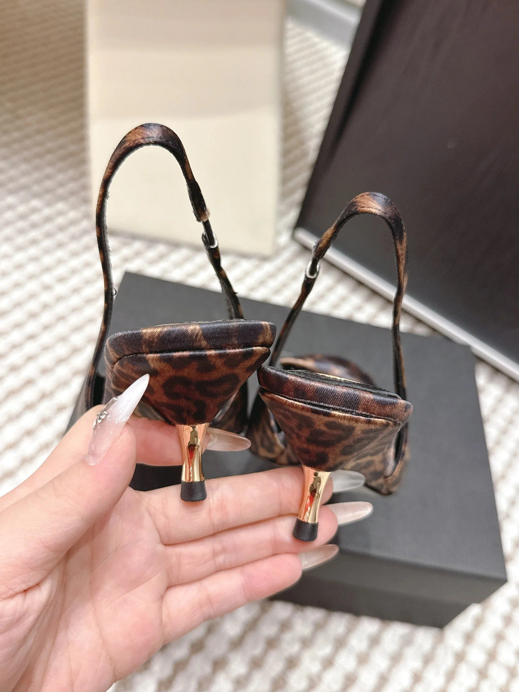 YSL 26ss Slingback 50 Leopard Print Satin Leather 654680