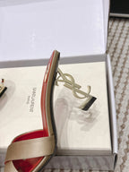 YSL 26ss High-Heeled Mules 85 Gold Champage Red Satin Leather 660674