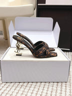 YSL 26ss High-Heeled Mules 85 Leopard Print Fabric Leather 660675