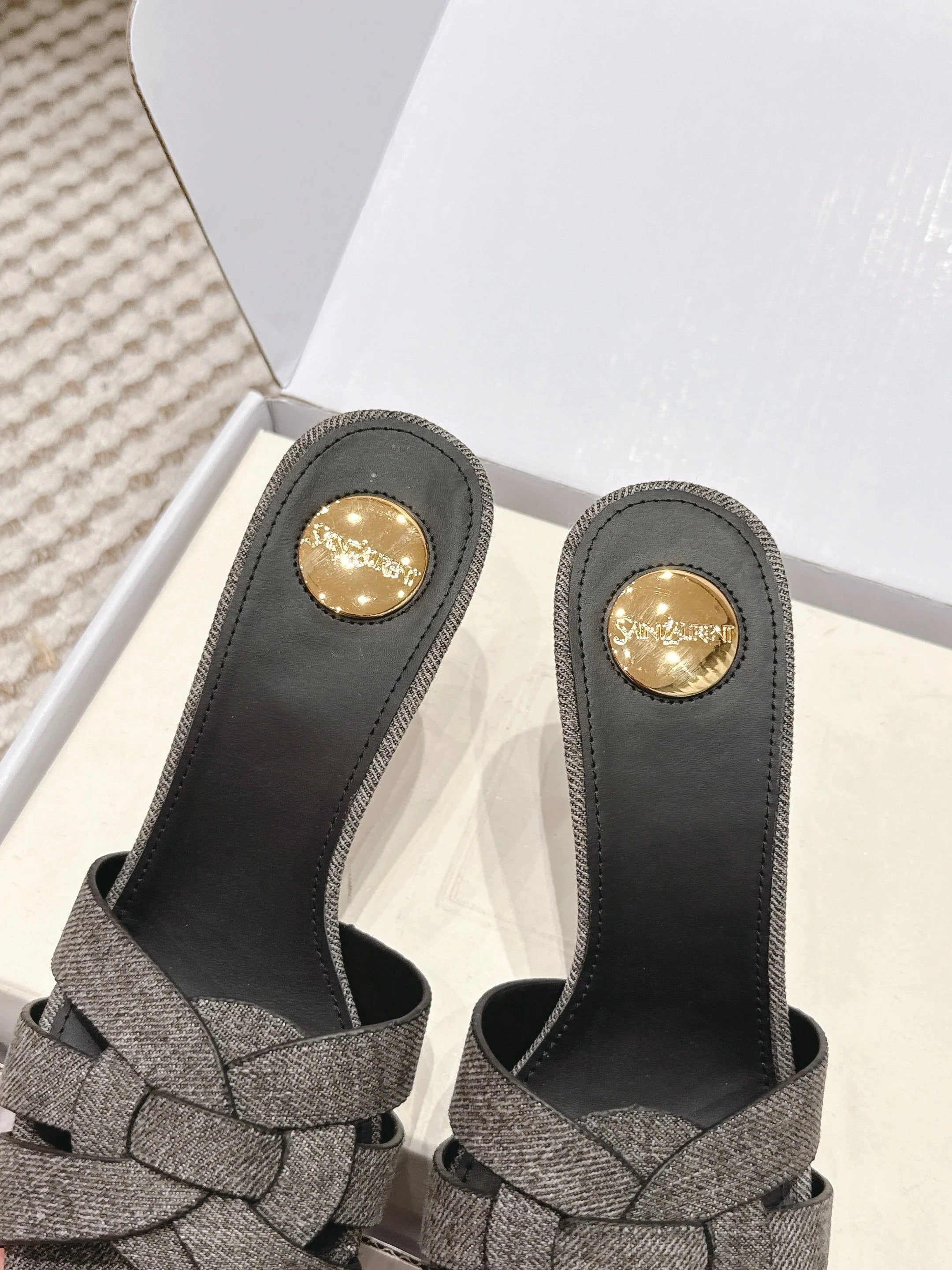 YSL 26ss High-Heeled Slippers 75 Dark Gray Canvas Calfskin 654748