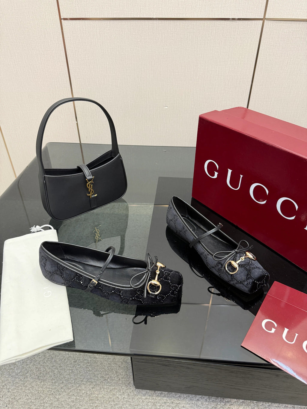 Gucci 2026 Crystal Rhinestone Ballet Flat Black Velvet Leather 629715