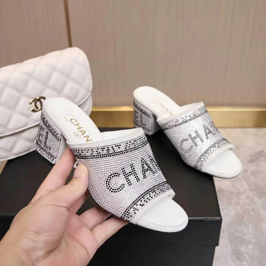 CC 2026 Rhinestone Mules Block Heel And Lettered Design Leather 778400
