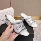 CC 2026 Rhinestone Mules Block Heel And Lettered Design Leather 778400