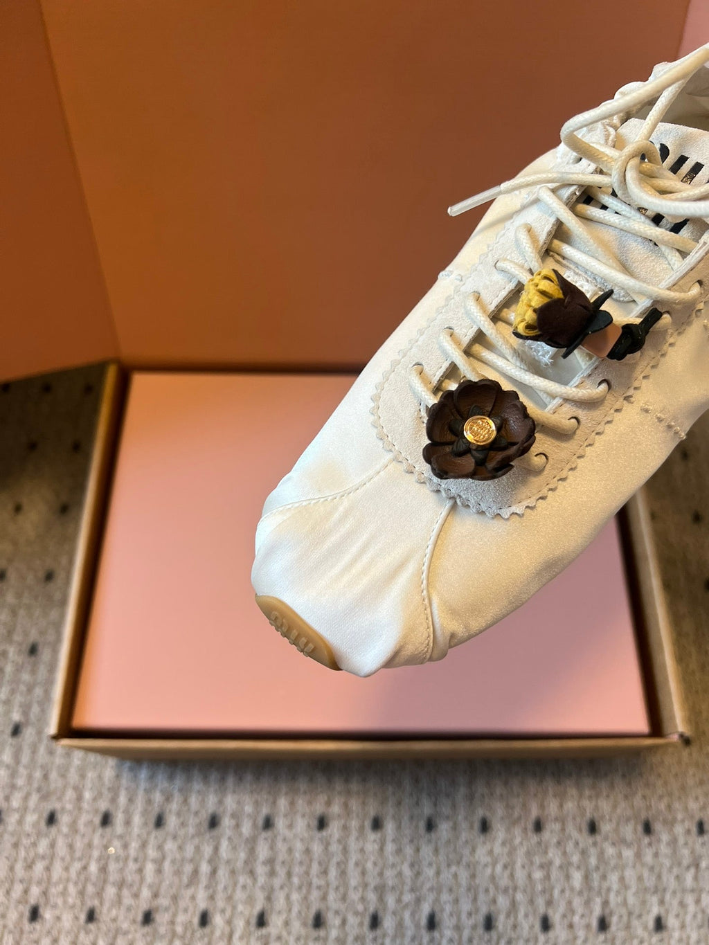 Miu Miu 2026 Plume Sneaker With Floral Charm White Satin 621346